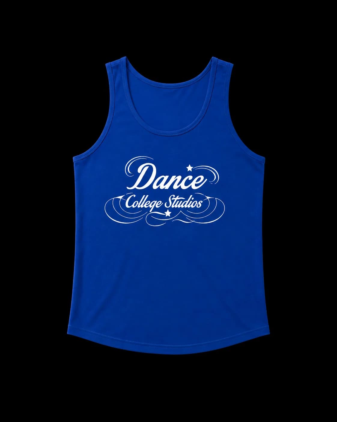 Royal-blue Dance College Studios dance leotard with white studio logo