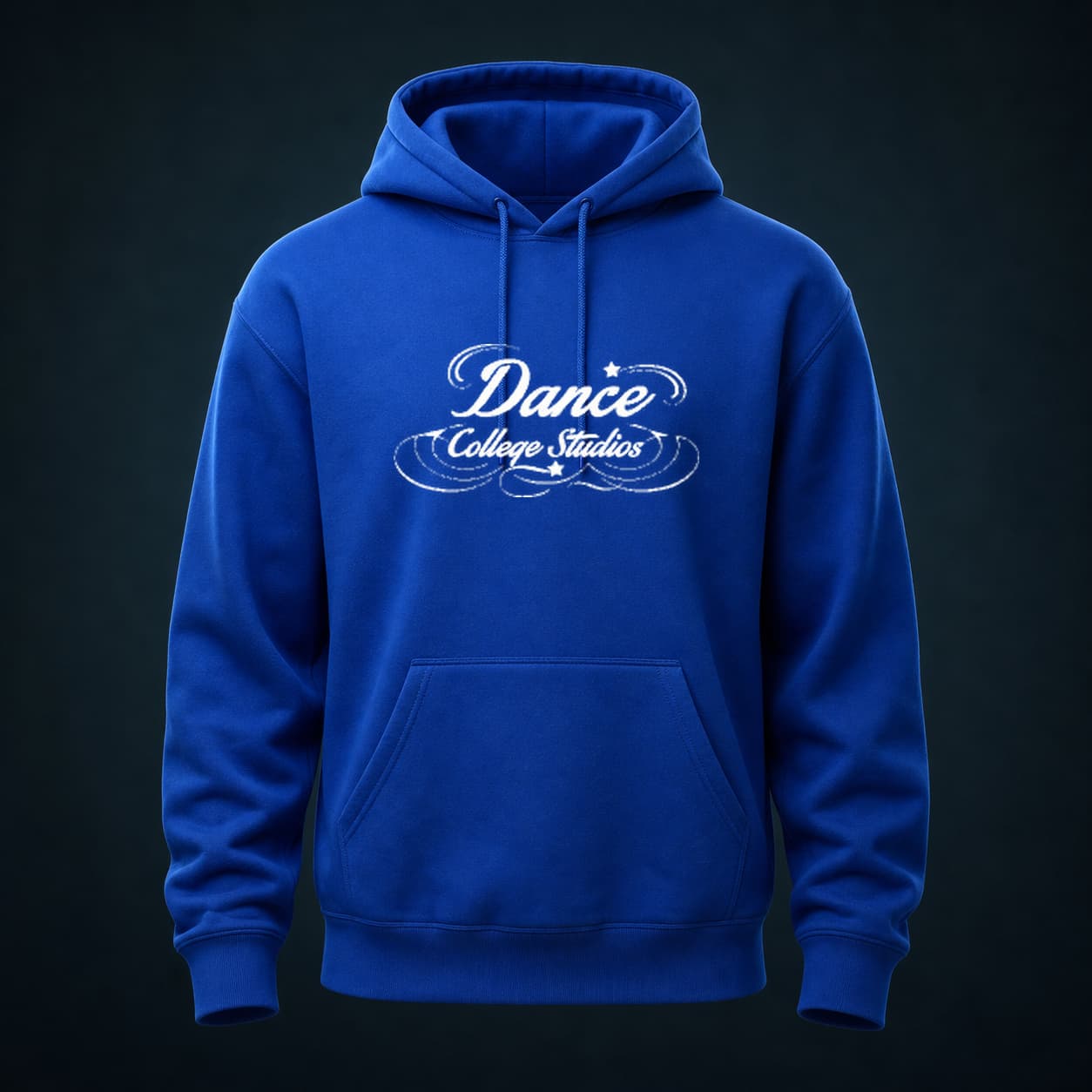 Royal-blue Dance College Studios hoodie with white studio logo
