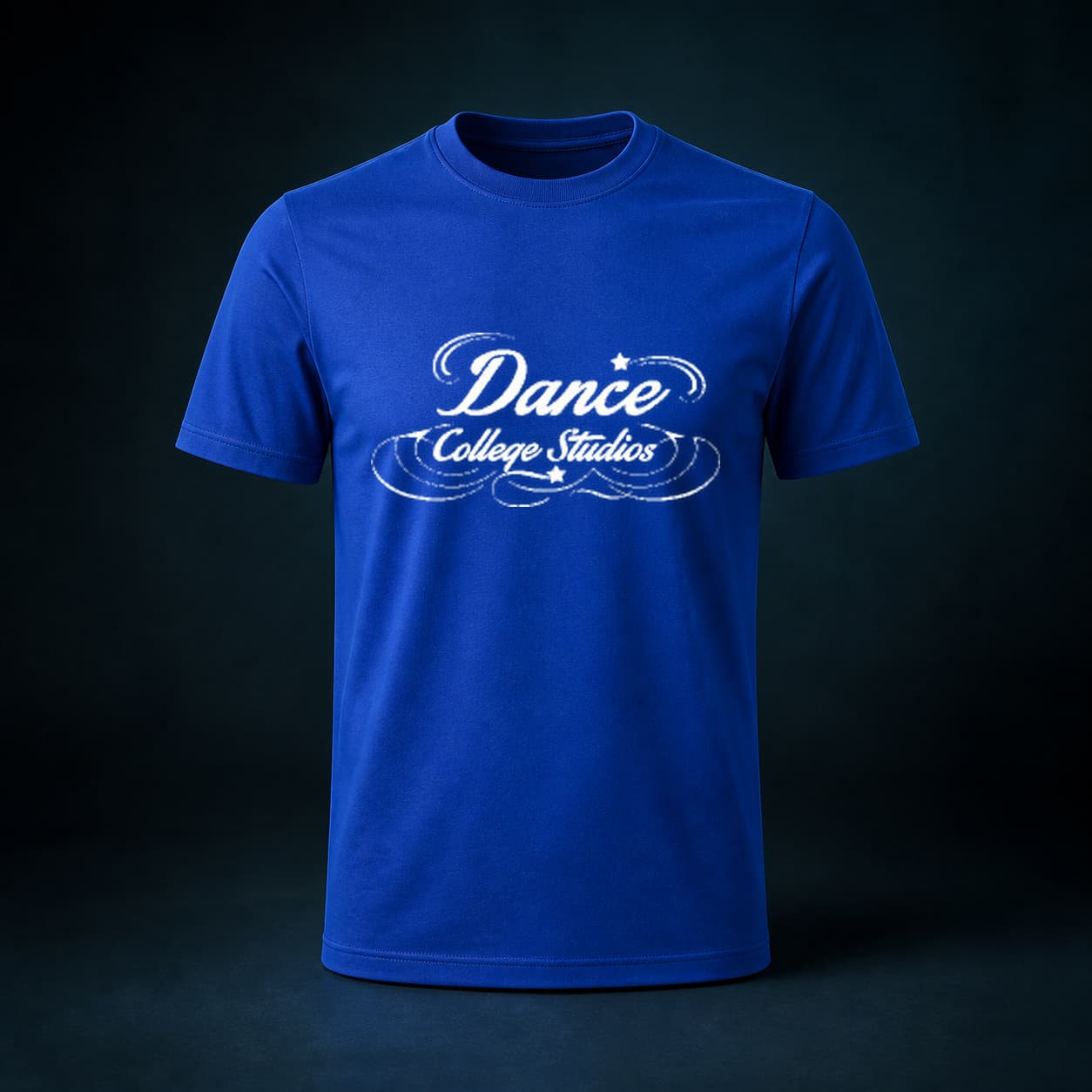 Royal-blue Dance College Studios T-shirt with white studio logo